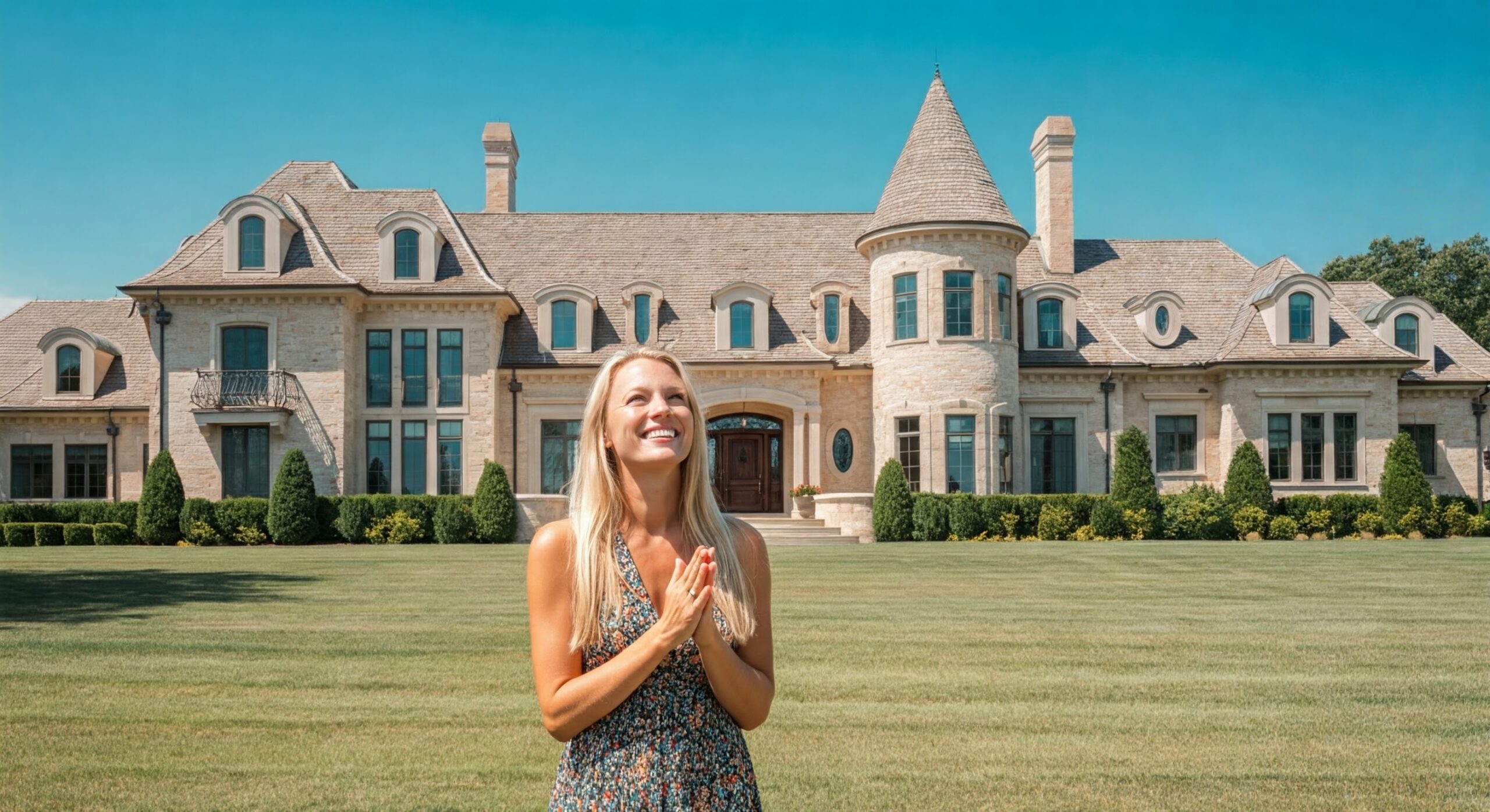 Woman standing outside the pre designed house plans.