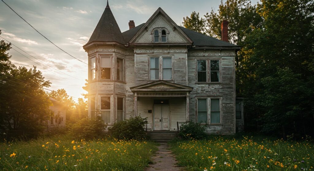 Foreclosed Homes with sunshine background.