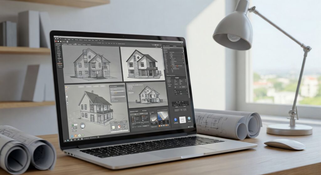 This image shows the free house plans blueprints in the laptop.