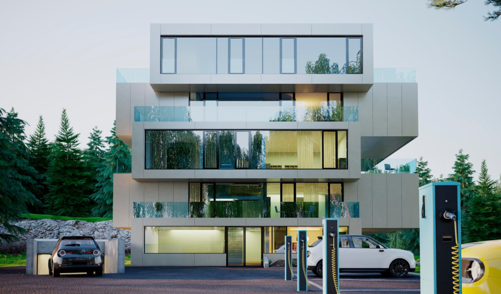 This image shows the luxury modern house design with the cars.