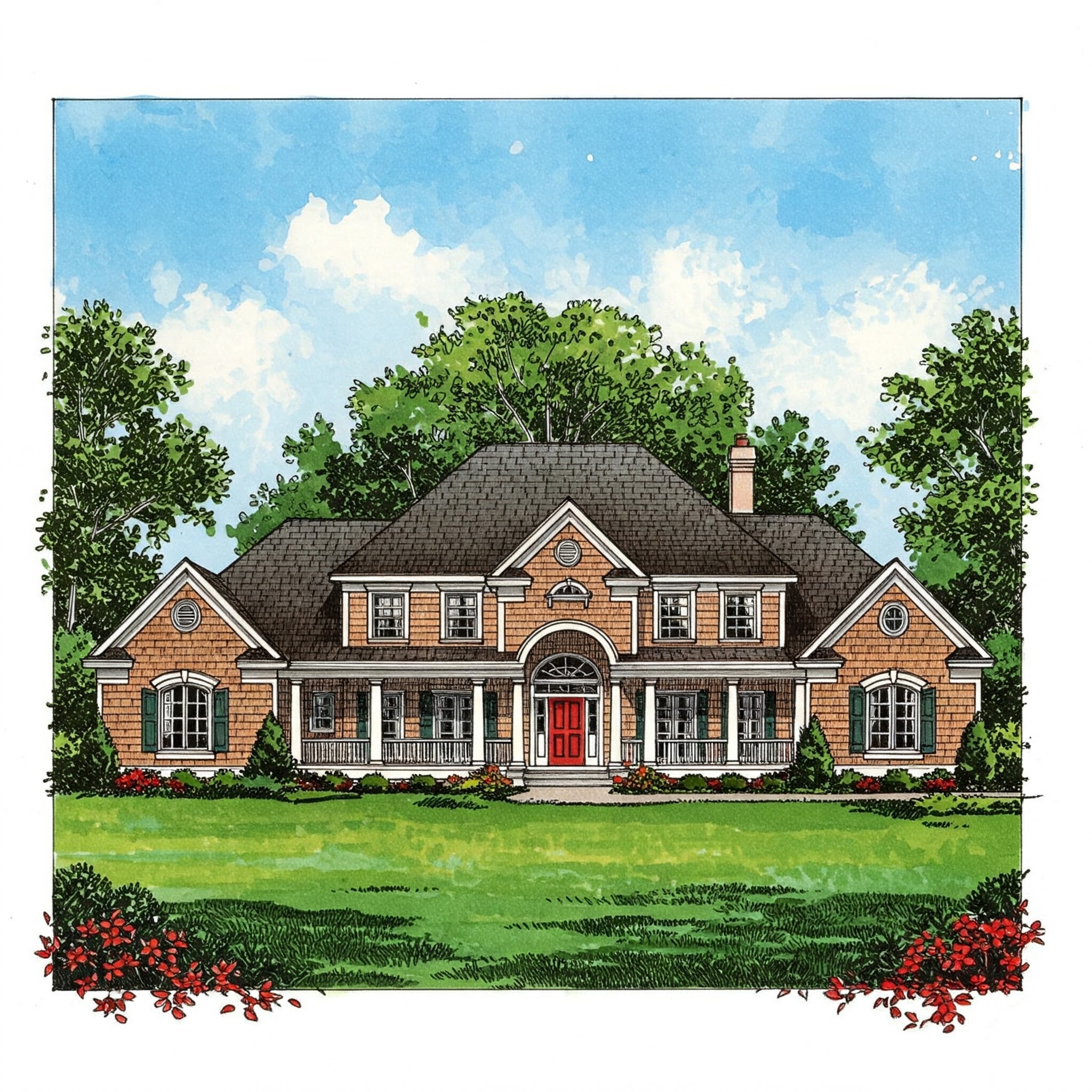 Architectural pre-drawing of a grand traditional-style Don Gardner house plans with columns, a sweeping front porch, and a lush green lawn.