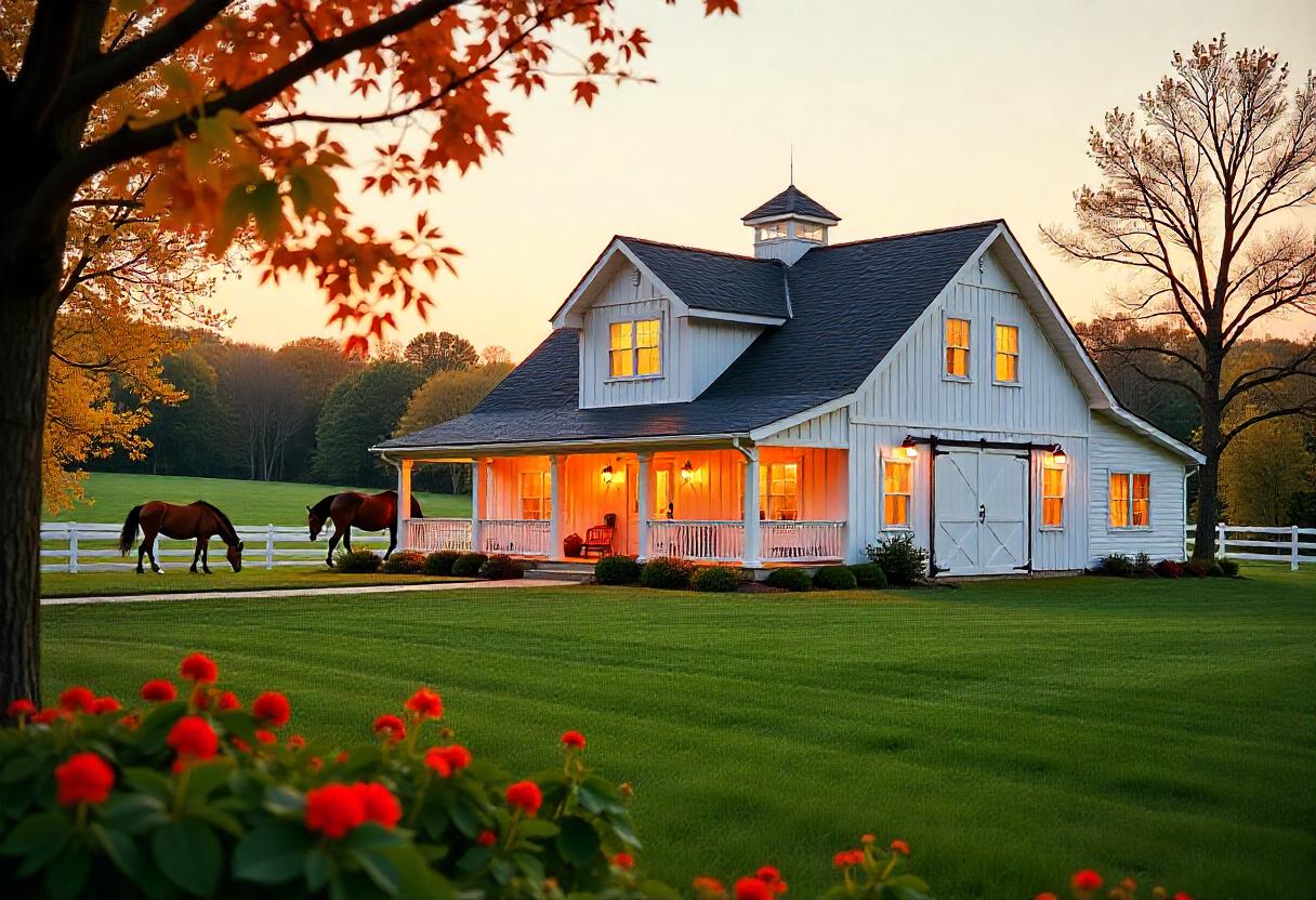 This image shows the 'How to build a Barndominium House'. Two brown horses graze peacefully in the lush green pasture beside a white fence.