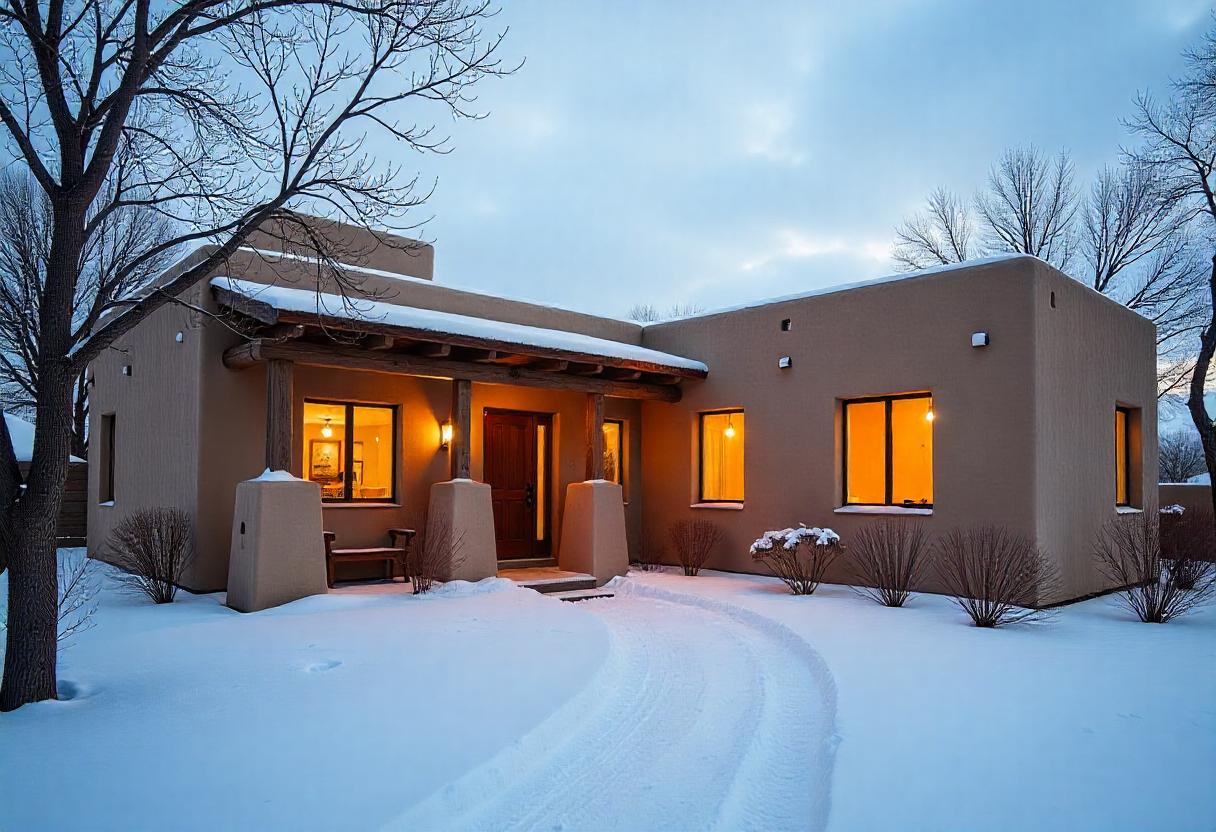 A modern Adobe style house in Santa Fe, New Mexico, during a snowy winter afternoon. The house has traditional rounded edges, exposed wooden beams, and a warm, inviting glow emanating from the windows. Snow-covered ground and adobe walls create a serene winter scene.