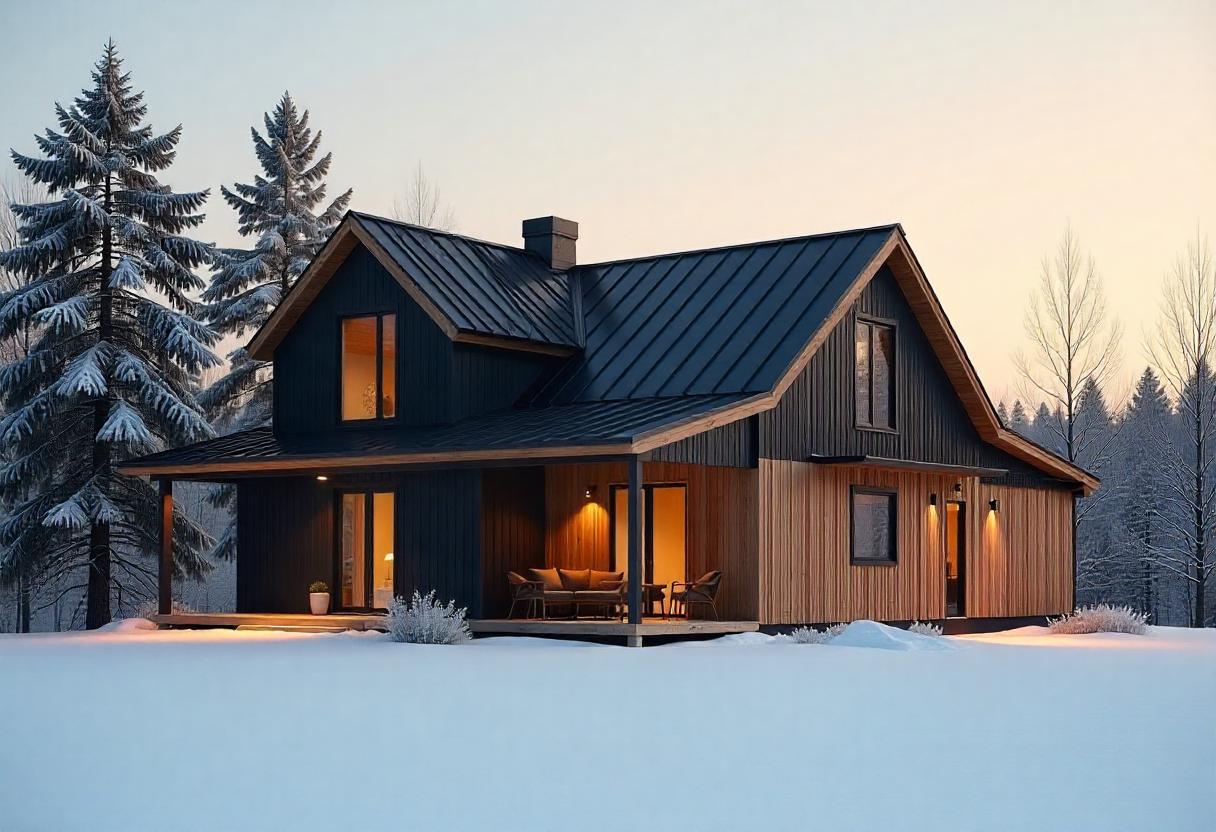 A unique Modern Barn House Floor Plans with a black metal roof and natural wood siding, set in a snowy winter landscape, dusk lighting, surrounded by frosted pine trees, minimalist design.