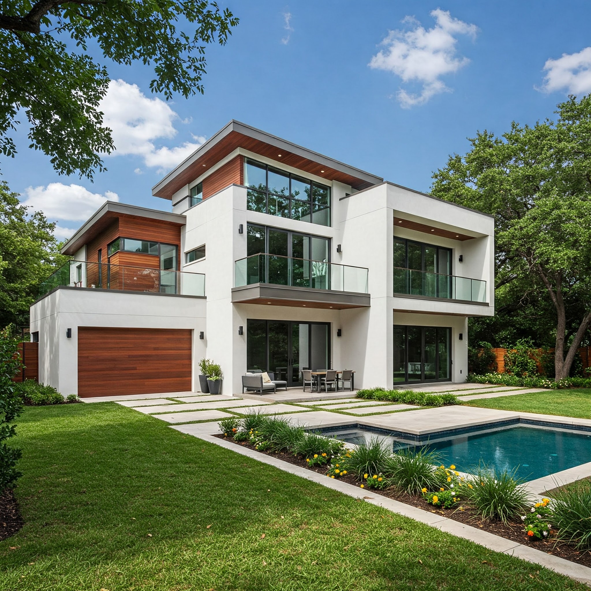 A contemporary two-story house plans in Houston, featuring clean white lines, large windows, wood accents, and a flat roof. The house is surrounded by lush green grass and mature trees, with a sparkling blue swimming pool in the foreground. The bright sunlight casts soft shadows, highlighting the modern architectural design and the outdoor living space.