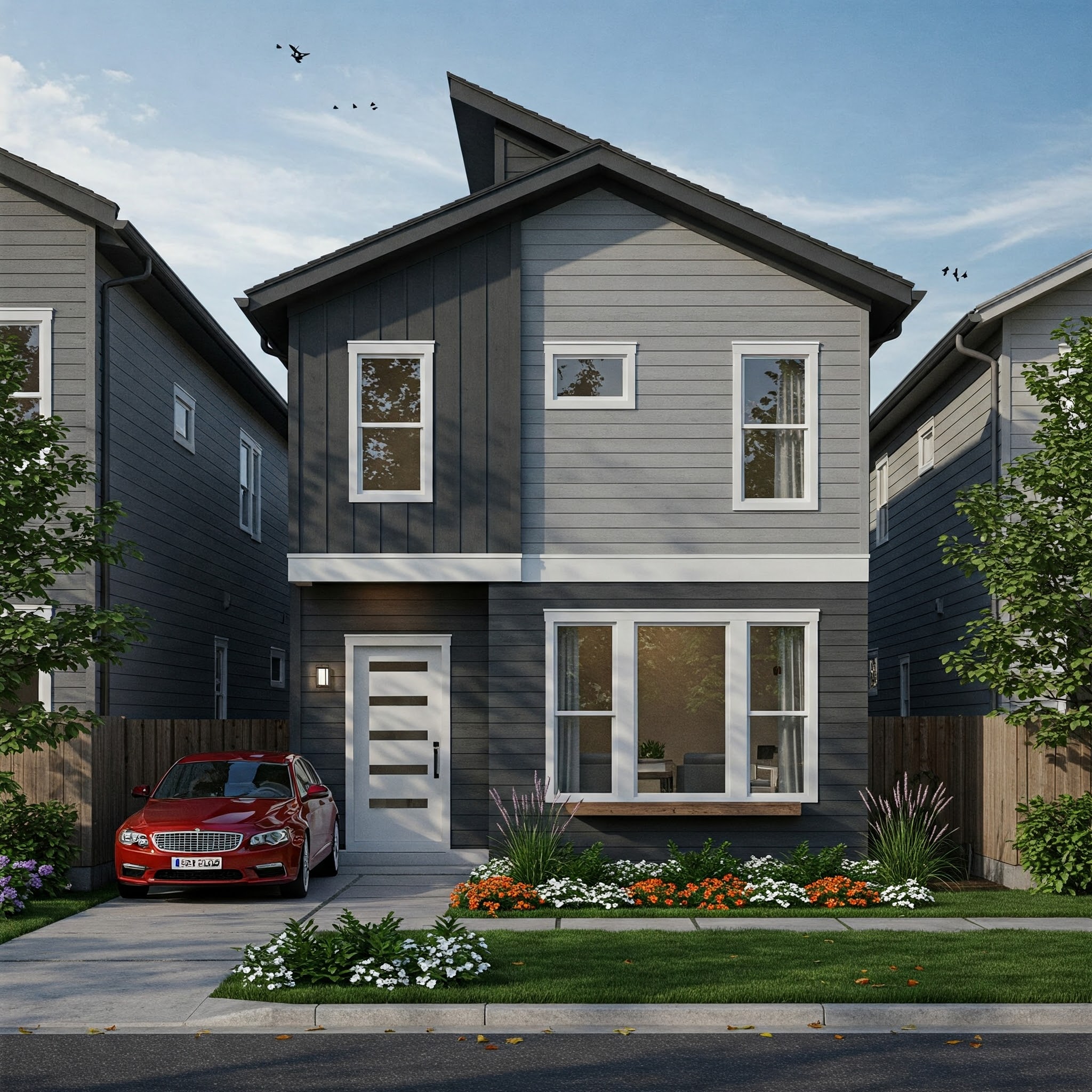 A contemporary two-story efficient narrow lot house plan design exterior, featuring a flat roof, large windows, and a combination of light and dark exterior materials. A car is parked in the driveway, and landscaping is visible in the front yard.