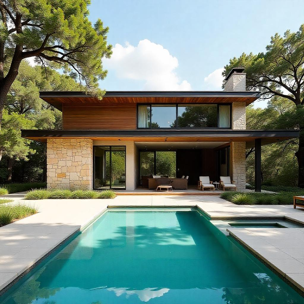 Contemporary Austin Housing with stone and wood exterior, drought-tolerant garden, and pool near Barton Creek Greenbelt.