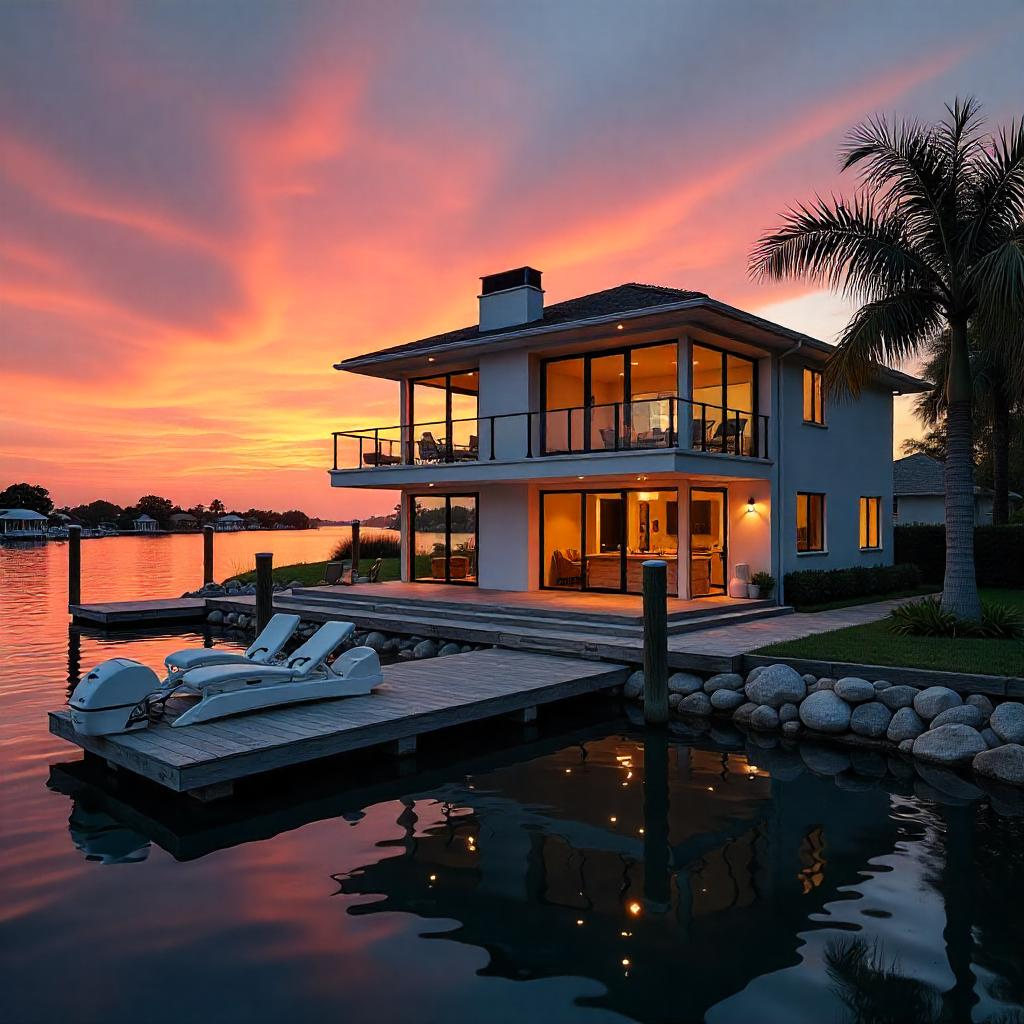 Candid photo of a modern Florida home with palm trees, natural lighting, and a relaxed outdoor setting, ideal for showcasing stock house plans Florida.